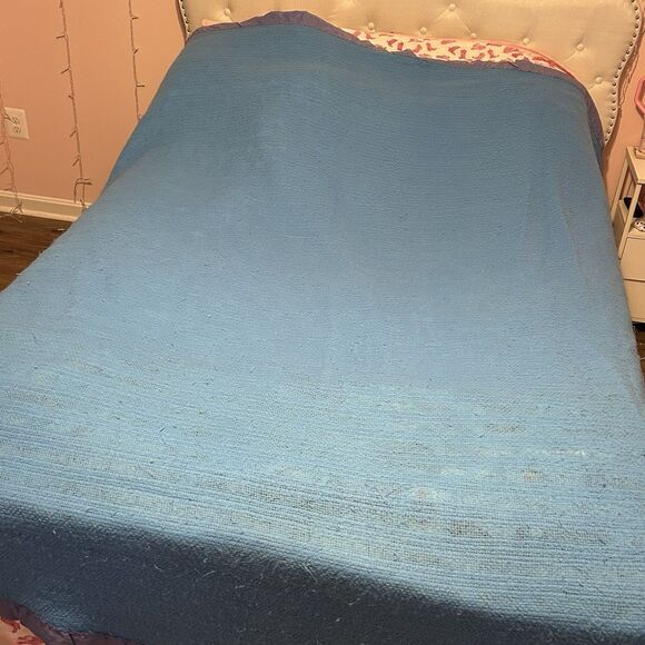 Vintage Satin Edge Blanket Bedspread Blue Waffle Weave Full Size 84 X 86 Soft - Picture 10 of 12